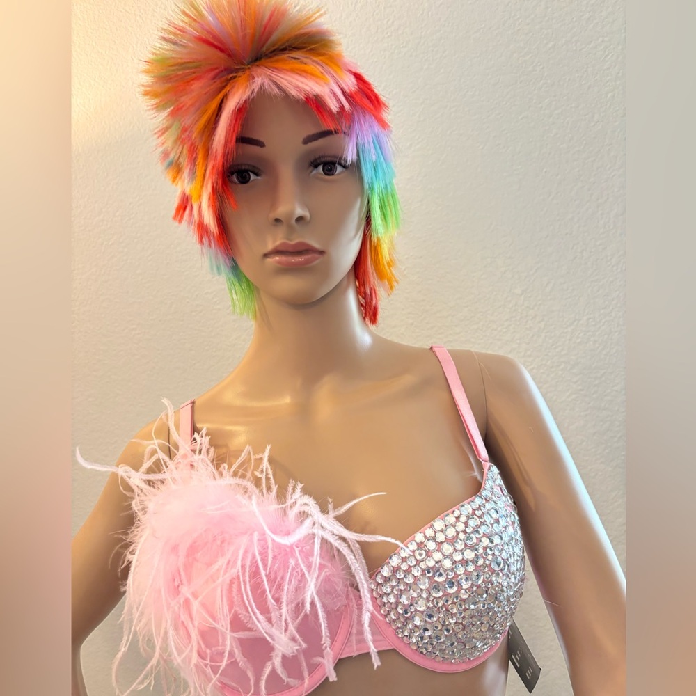 Hustler Hollywood Pink Feather Sequin Bra 34C great for Coachella, EDC
